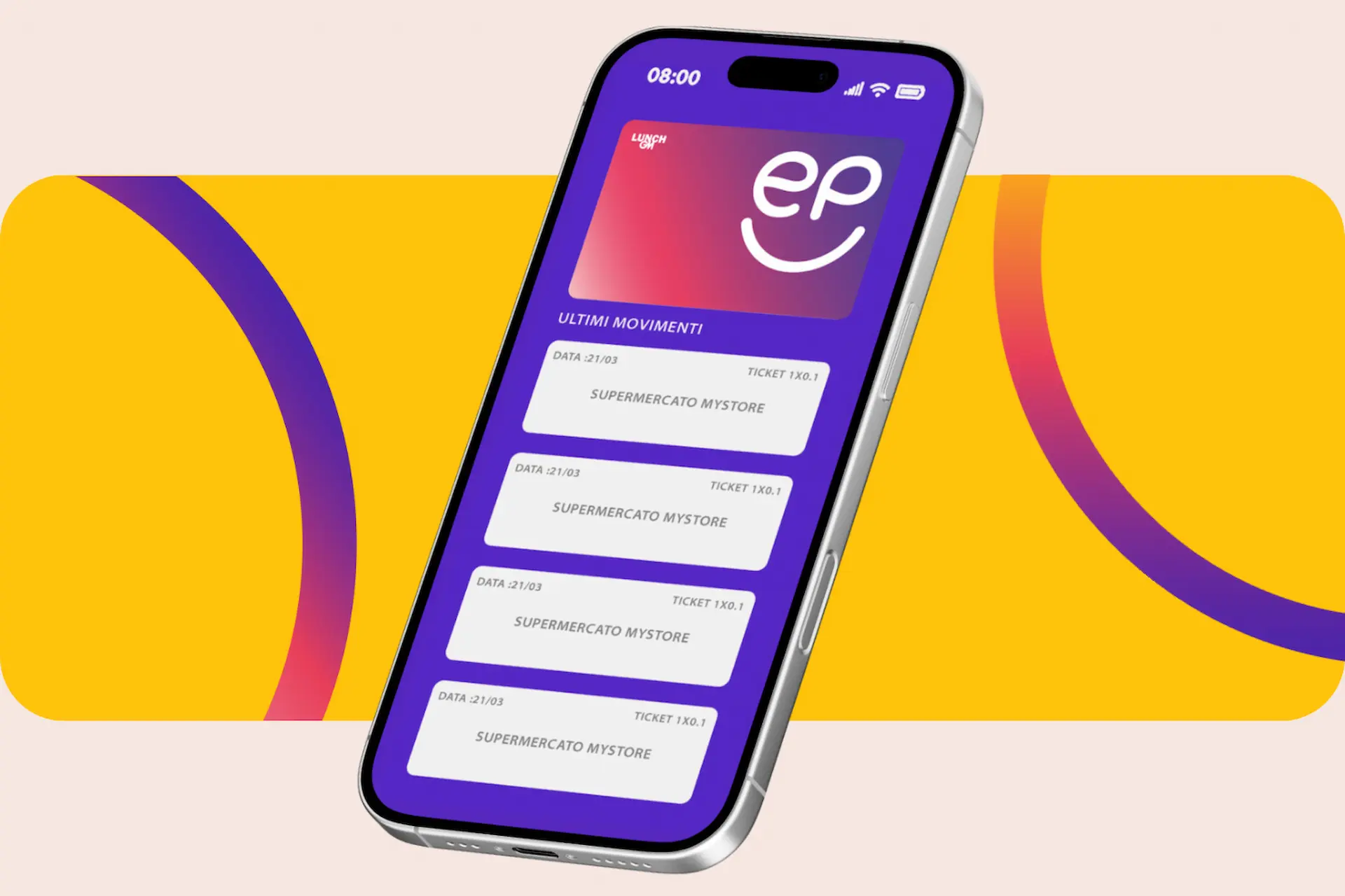 Schermata dell'app EP Welfare per dipendenti con la carta buoni pasto digitale e lo storico dei movimenti negli esercizi convenzionati.